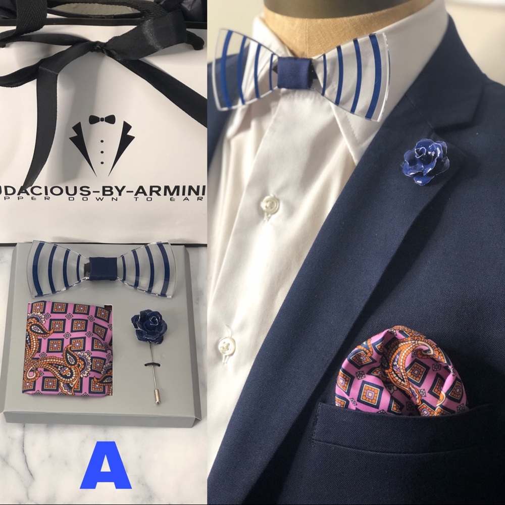 Bow tie, pocket square and lapel pin